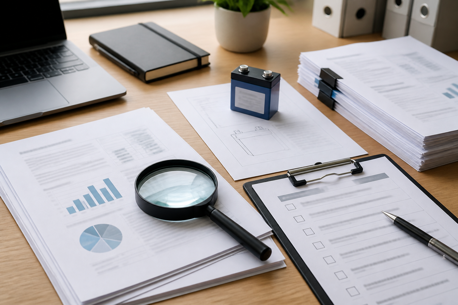 Desk with generic battery compliance documents and a review checklist