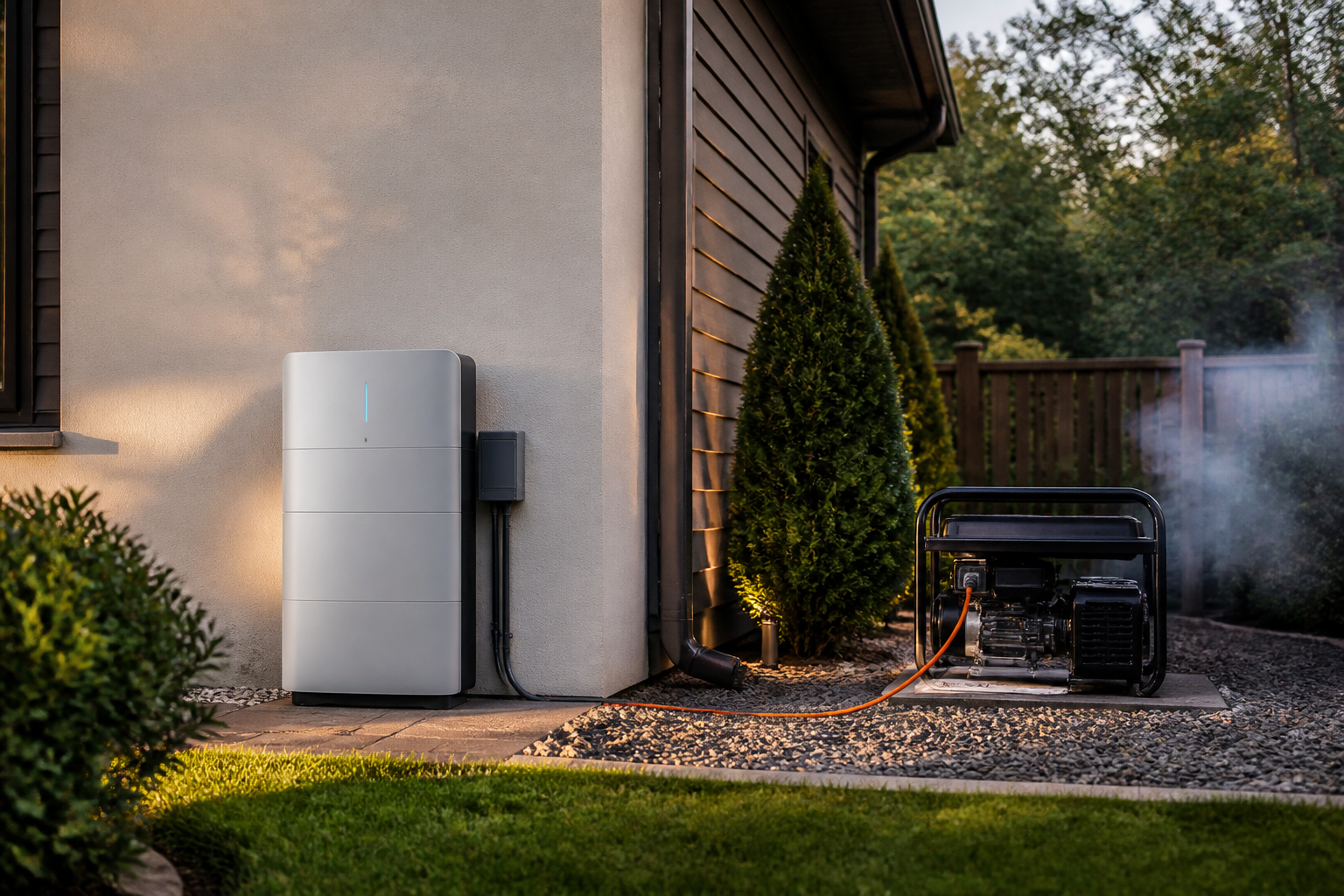 Conceptual comparison of quiet battery storage and an outdoor generator