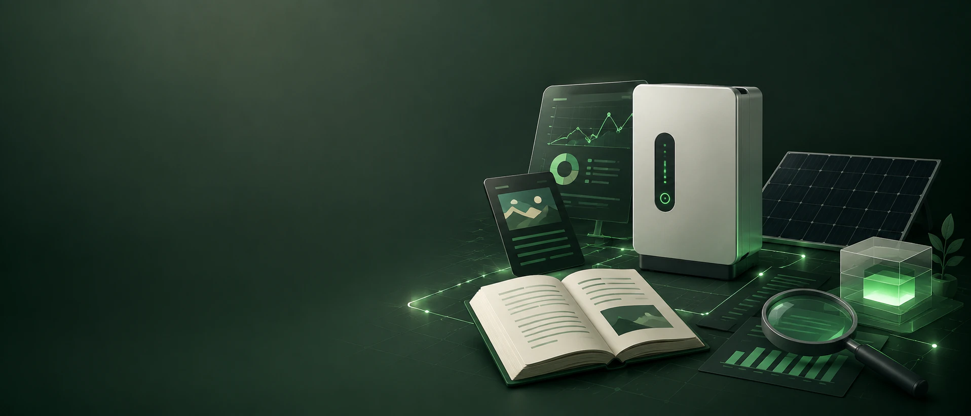 Mini ESS learning center with solar panel, energy dashboard, book and research materials