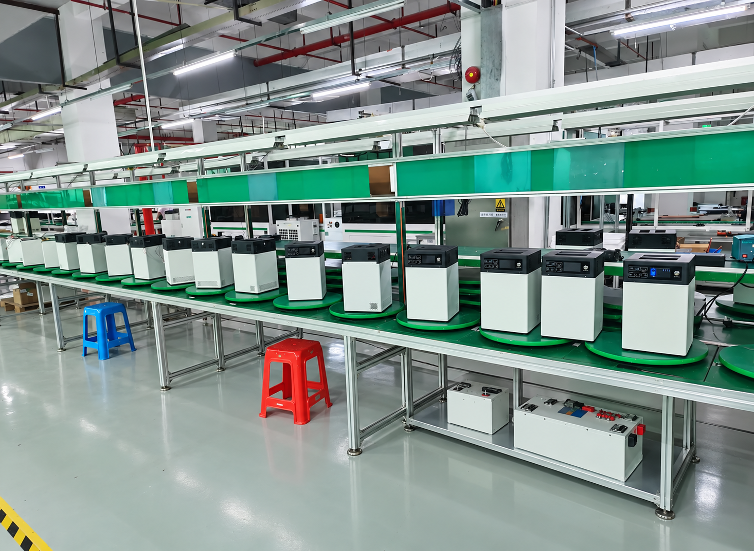 Mini ESS units arranged along an assembly line