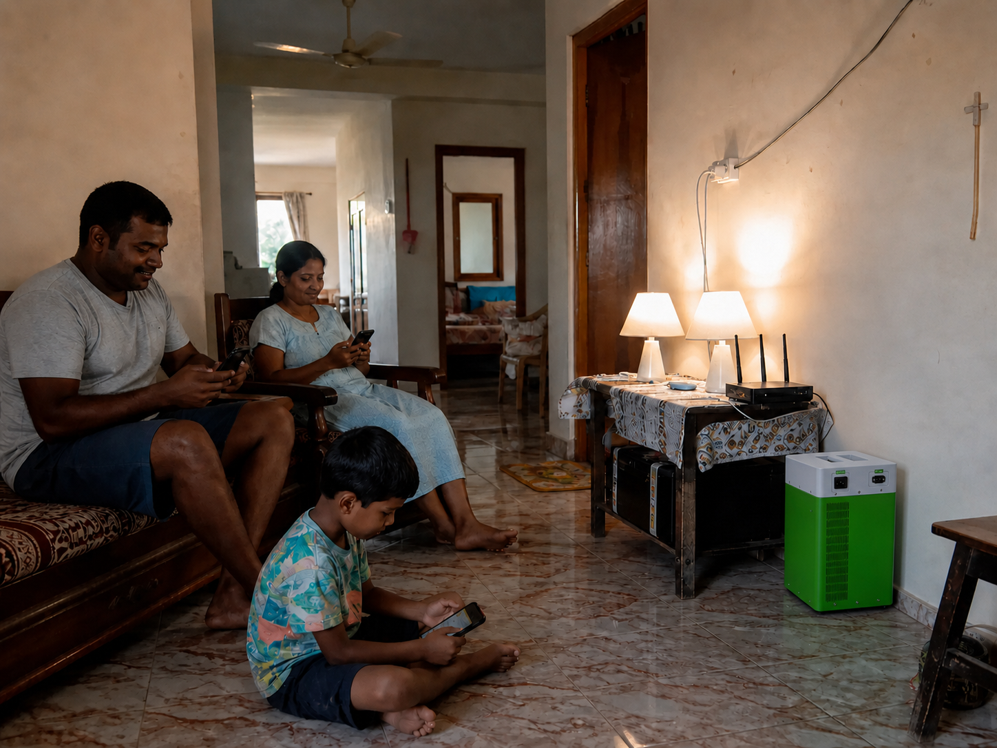 Family using essential lighting and household devices during a power interruption