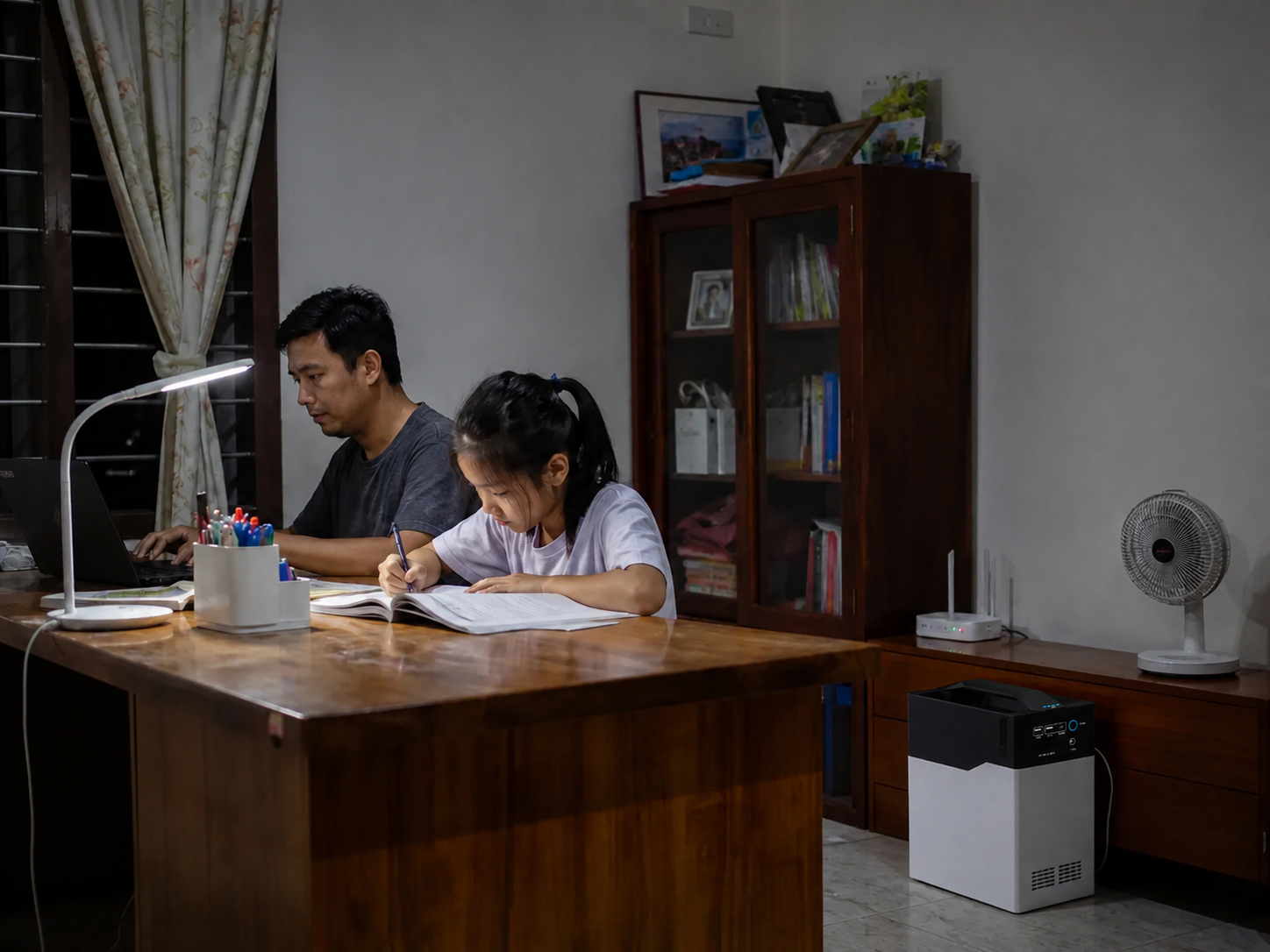 Home learning and remote work setup with laptop, Wi-Fi and desk fan supported by Mini ESS